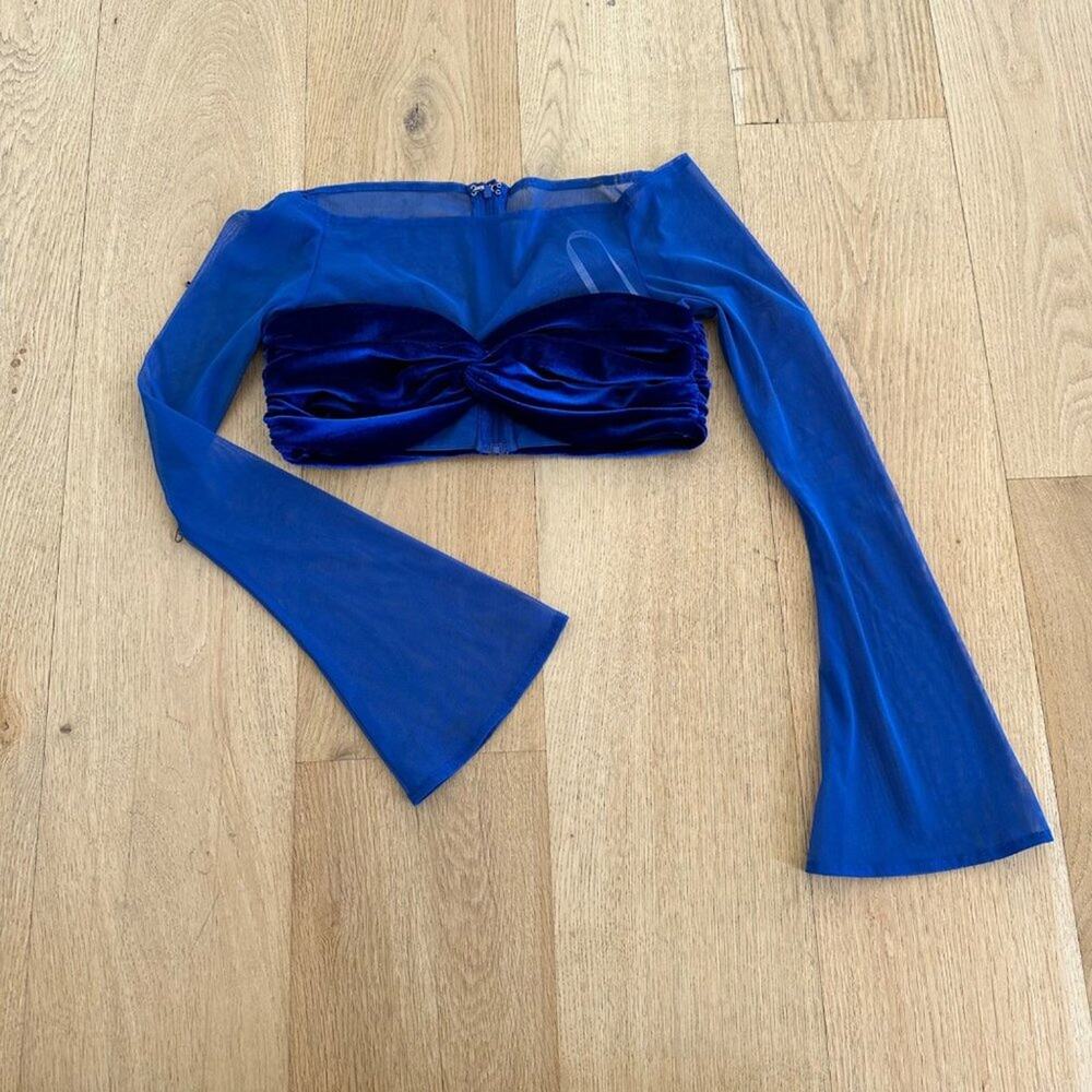 Miss Circle Brucie Royal Blue Velvet Mesh Long Sleeve Crop Top